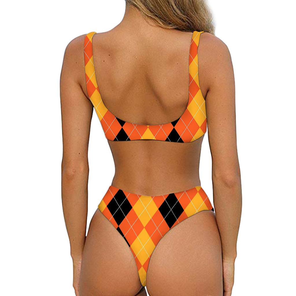 Orange And Black Argyle Pattern Print Front Bow Tie Bikini