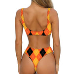 Orange And Black Argyle Pattern Print Front Bow Tie Bikini