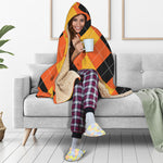 Orange And Black Argyle Pattern Print Hooded Blanket