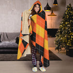 Orange And Black Argyle Pattern Print Hooded Blanket