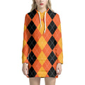 Orange And Black Argyle Pattern Print Pullover Hoodie Dress