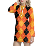 Orange And Black Argyle Pattern Print Hoodie Dress