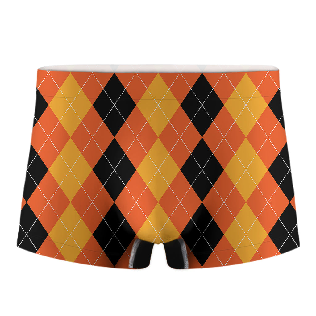Orange And Black Argyle Pattern Print Men's Boxer Briefs