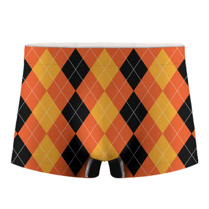 Orange And Black Argyle Pattern Print Men's Boxer Briefs