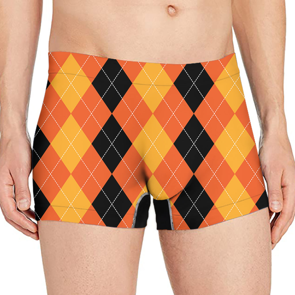 Orange And Black Argyle Pattern Print Men's Boxer Briefs