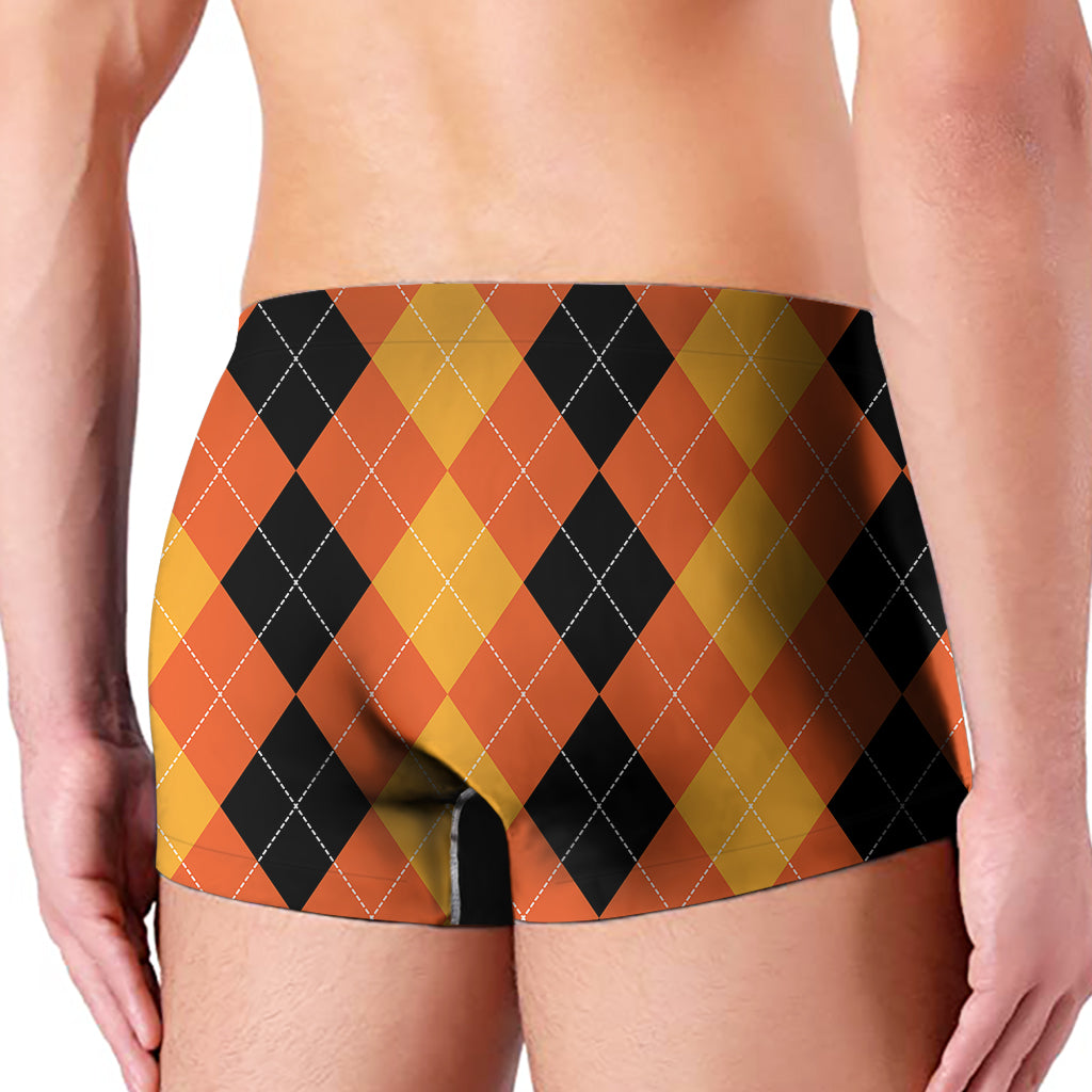 Orange And Black Argyle Pattern Print Men's Boxer Briefs
