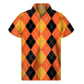 Orange And Black Argyle Pattern Print Men's Short Sleeve Shirt