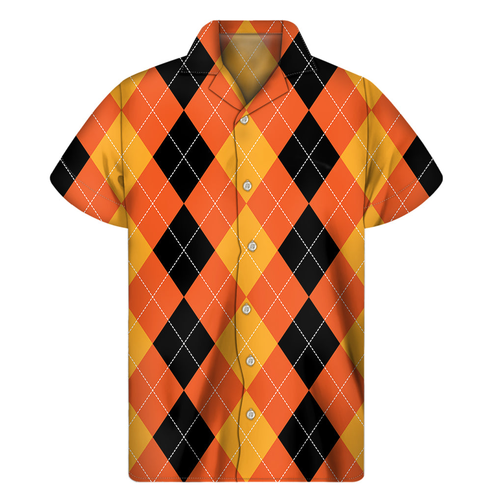 Orange And Black Argyle Pattern Print Men's Short Sleeve Shirt