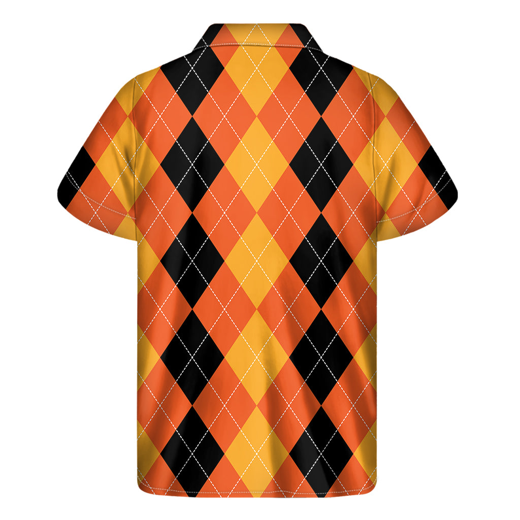 Orange And Black Argyle Pattern Print Men's Short Sleeve Shirt