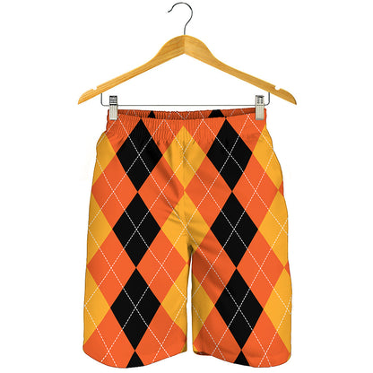 Orange And Black Argyle Pattern Print Men's Shorts