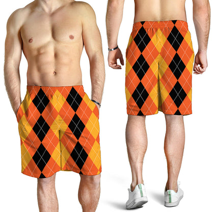 Orange And Black Argyle Pattern Print Men's Shorts