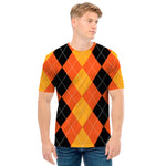 Orange And Black Argyle Pattern Print Men's T-Shirt