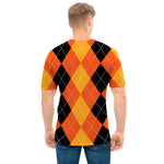Orange And Black Argyle Pattern Print Men's T-Shirt