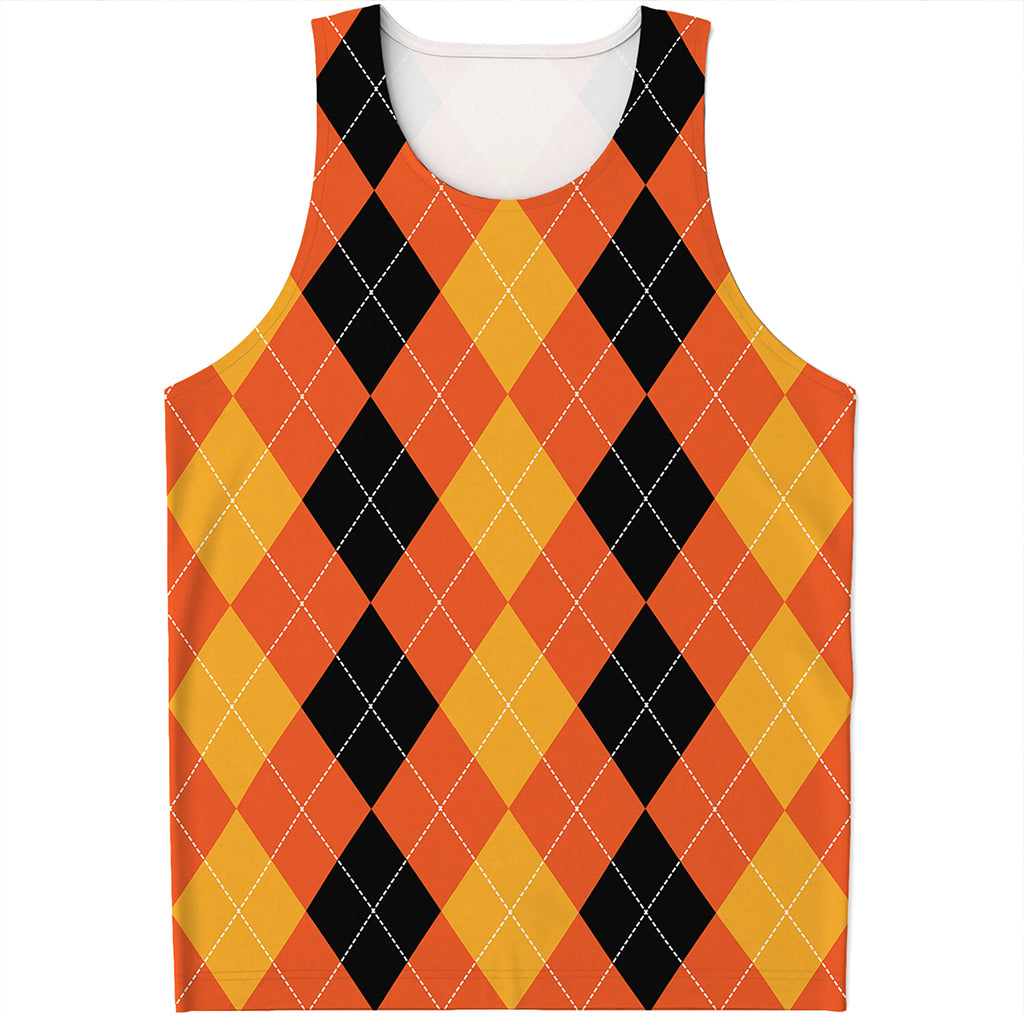 Orange And Black Argyle Pattern Print Men's Tank Top
