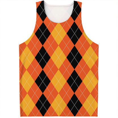 Orange And Black Argyle Pattern Print Men's Tank Top