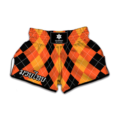Orange And Black Argyle Pattern Print Muay Thai Boxing Shorts