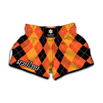 Orange And Black Argyle Pattern Print Muay Thai Boxing Shorts