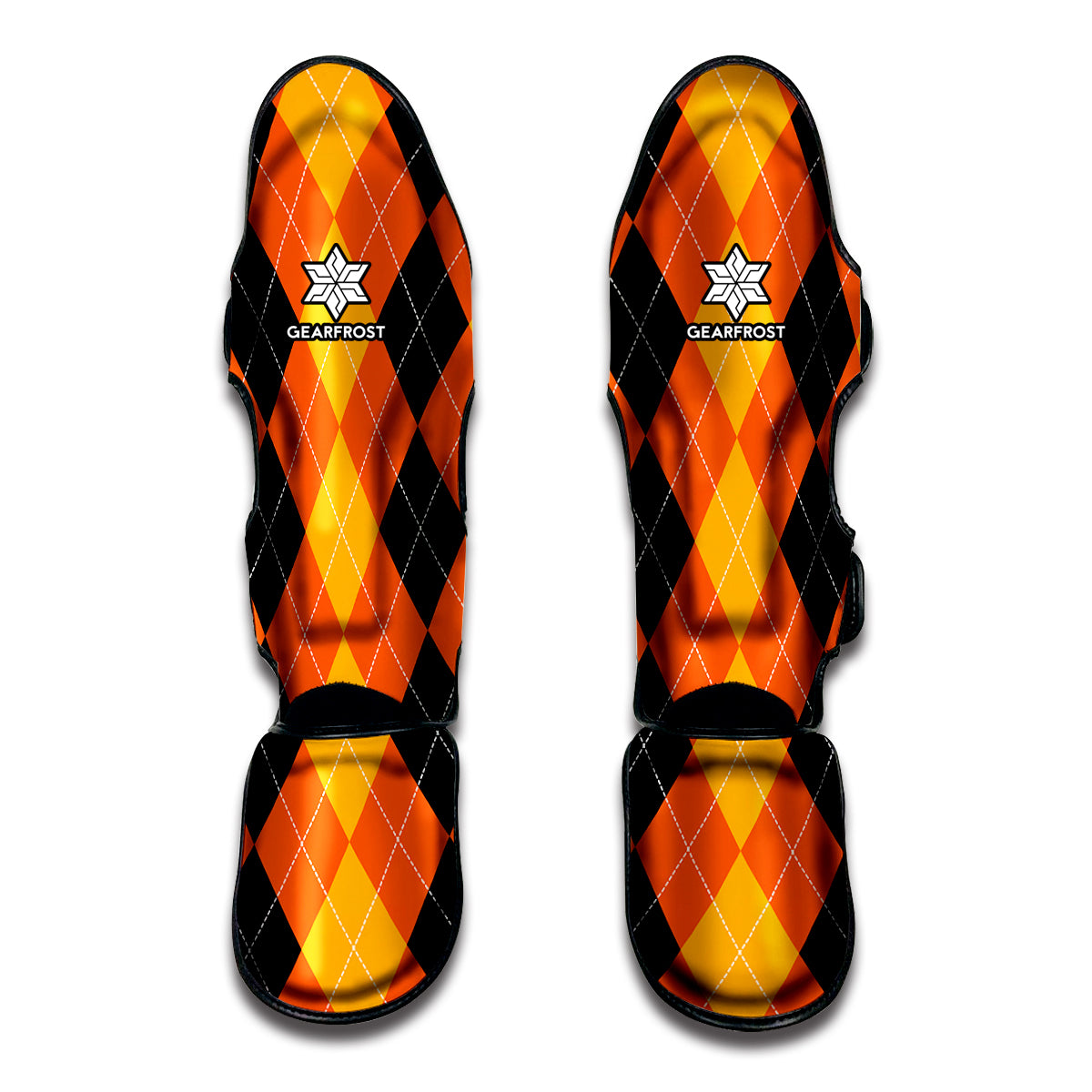 Orange And Black Argyle Pattern Print Muay Thai Shin Guard