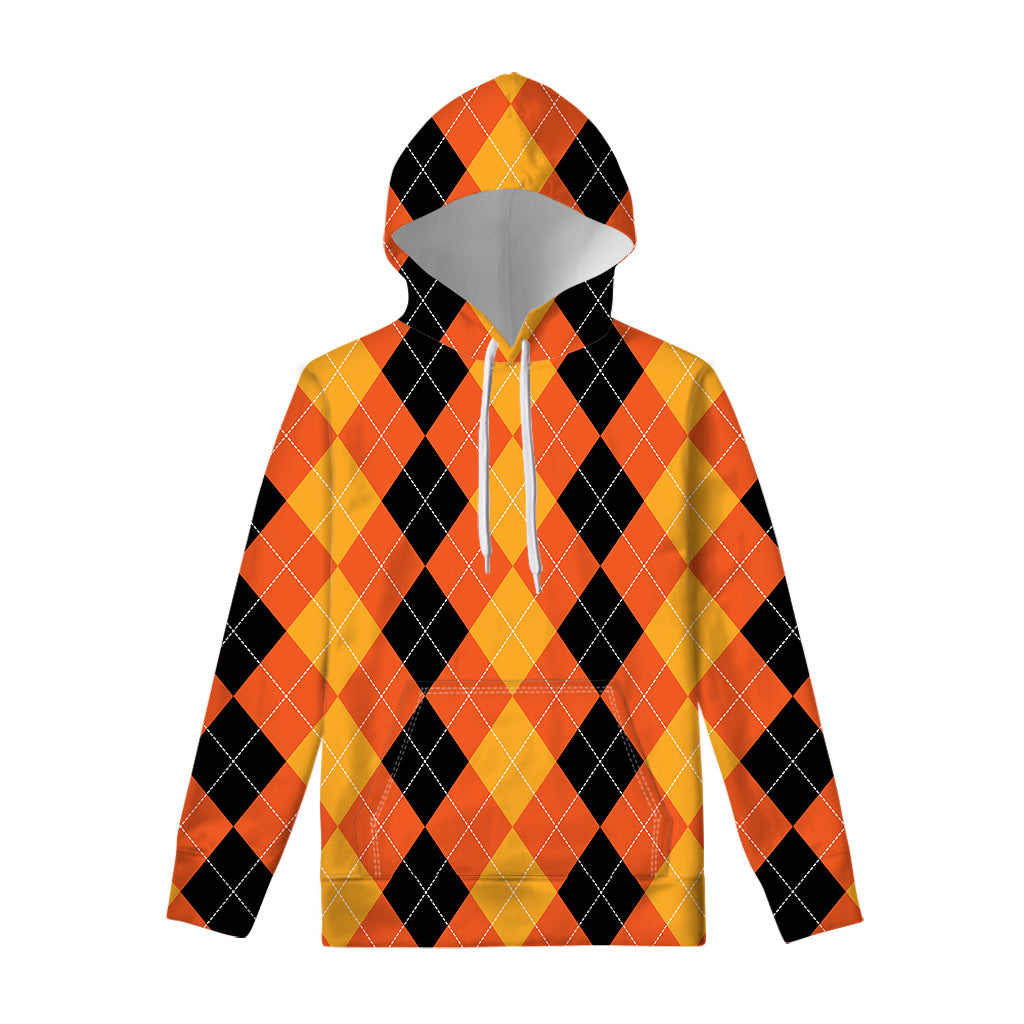 Orange And Black Argyle Pattern Print Pullover Hoodie