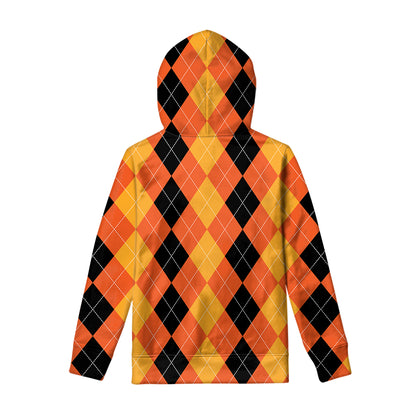 Orange And Black Argyle Pattern Print Pullover Hoodie