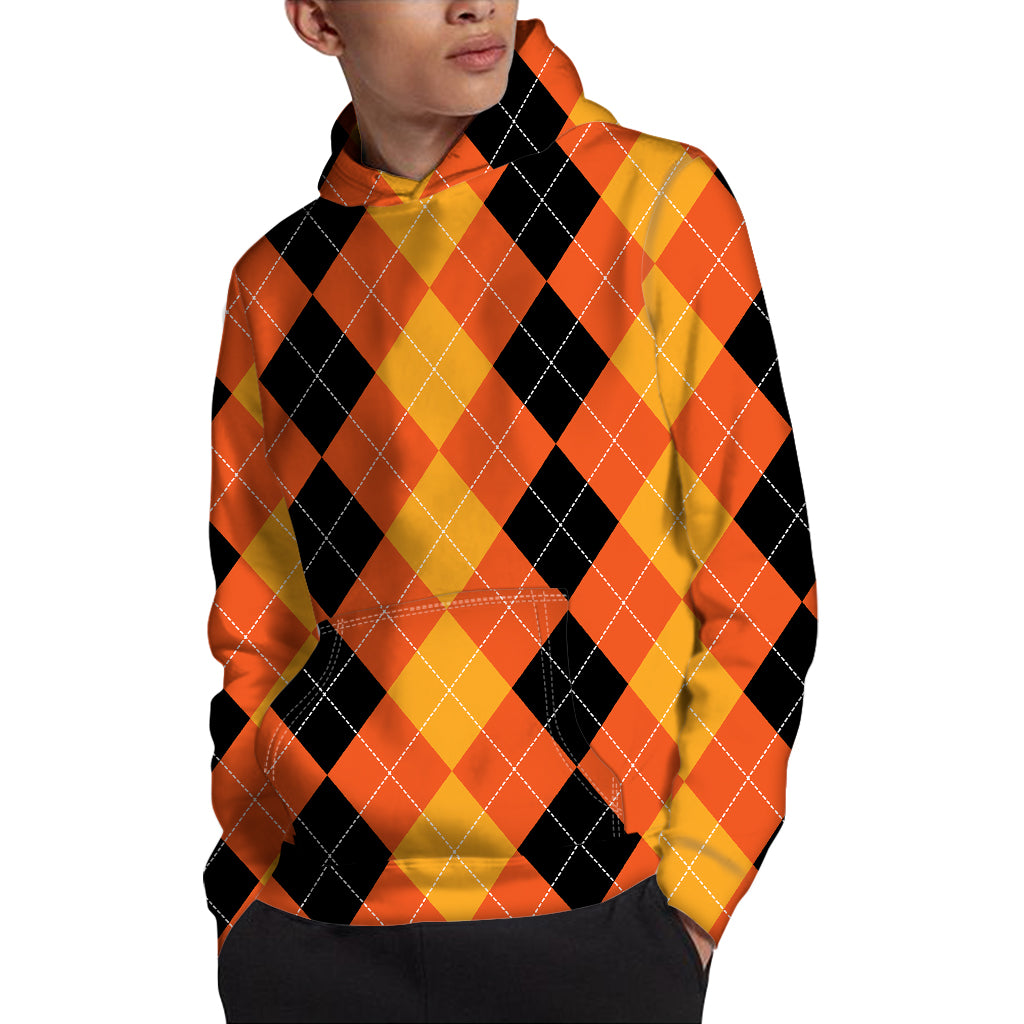 Orange And Black Argyle Pattern Print Pullover Hoodie