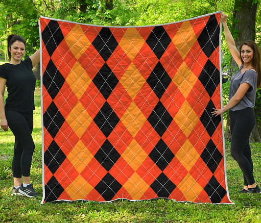Orange And Black Argyle Pattern Print Quilt