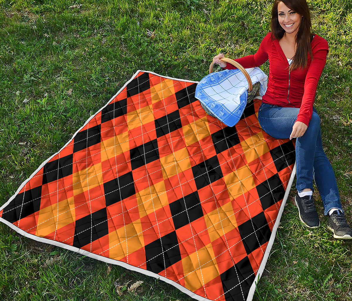 Orange And Black Argyle Pattern Print Quilt