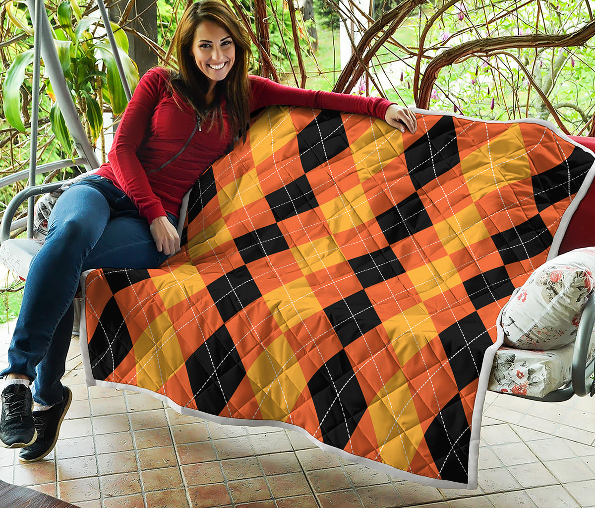 Orange And Black Argyle Pattern Print Quilt