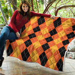Orange And Black Argyle Pattern Print Quilt