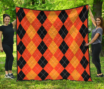 Orange And Black Argyle Pattern Print Quilt