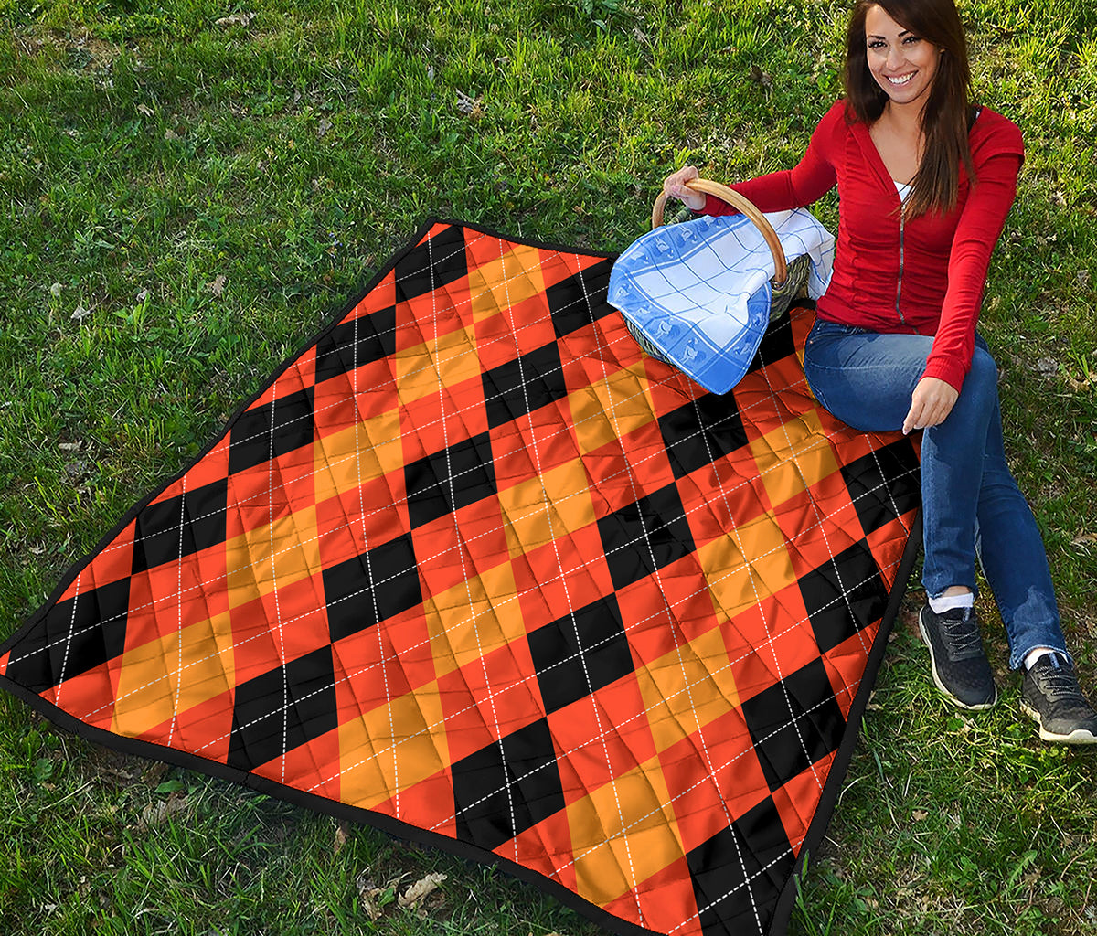 Orange And Black Argyle Pattern Print Quilt