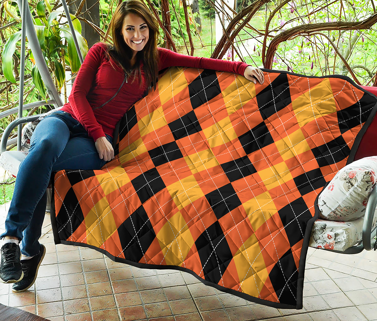 Orange And Black Argyle Pattern Print Quilt