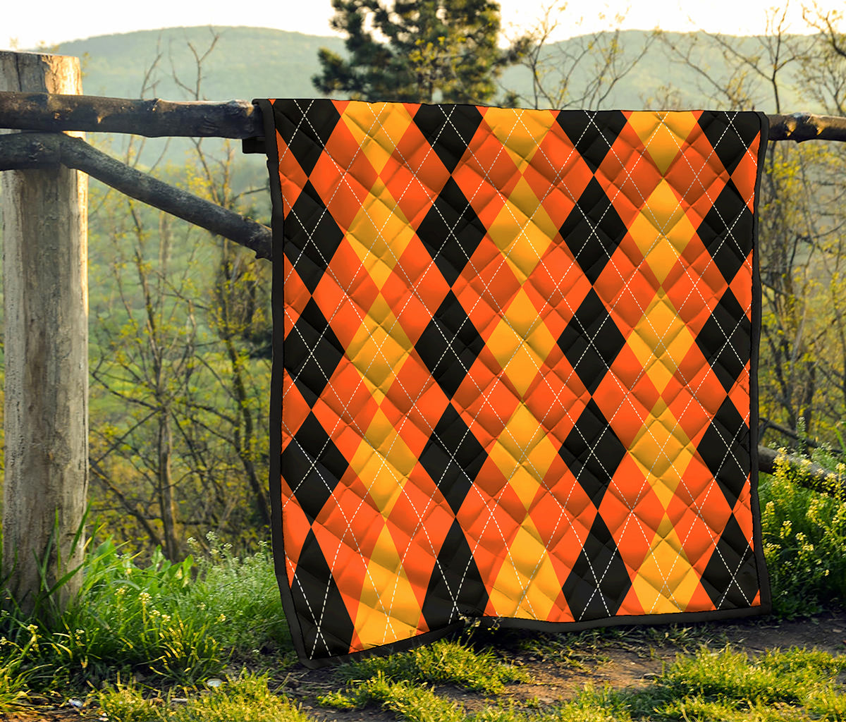 Orange And Black Argyle Pattern Print Quilt
