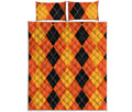 Orange And Black Argyle Pattern Print Quilt Bed Set