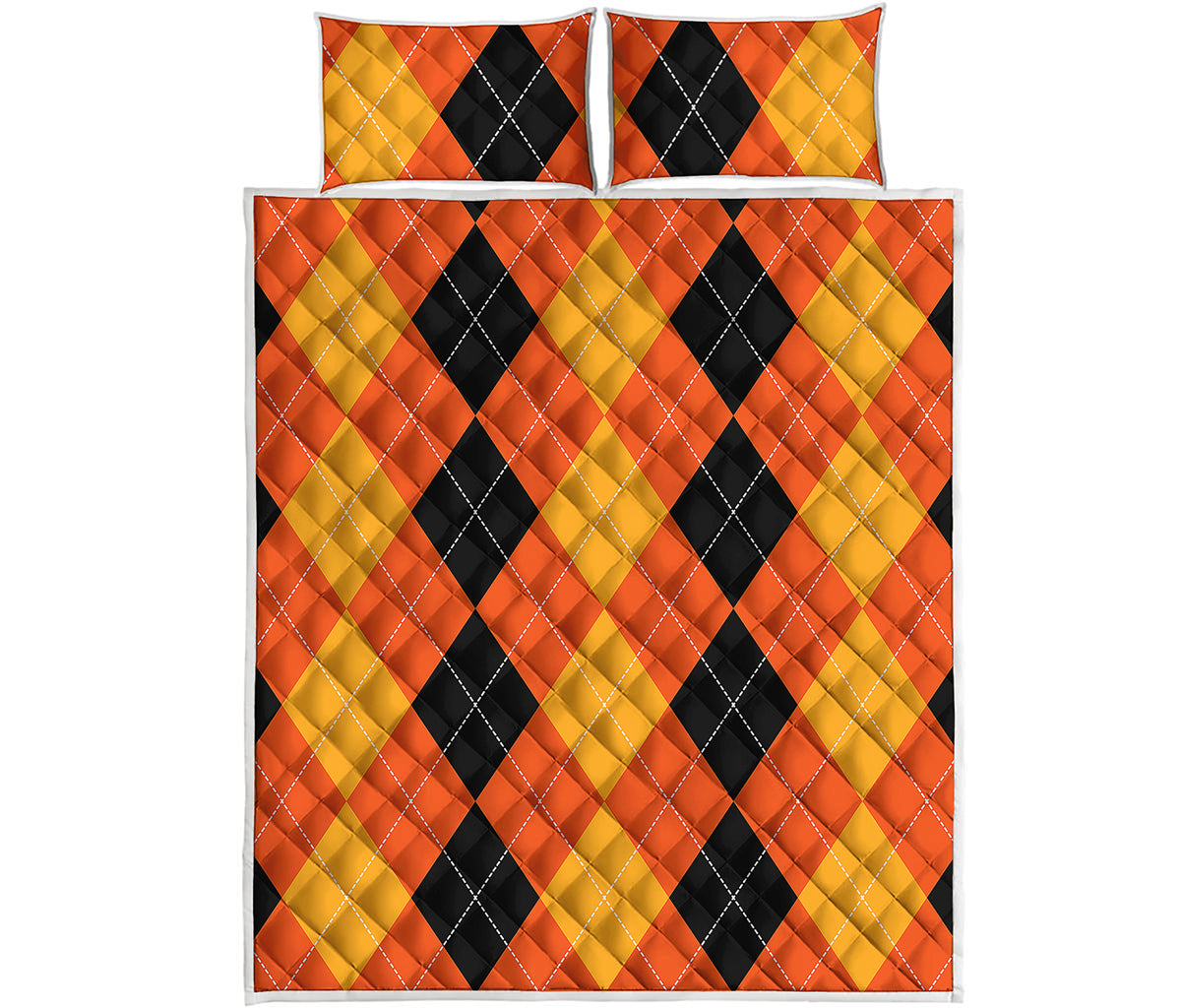 Orange And Black Argyle Pattern Print Quilt Bed Set