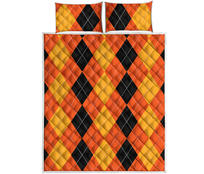 Orange And Black Argyle Pattern Print Quilt Bed Set