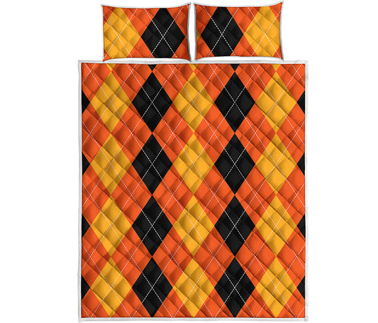 Orange And Black Argyle Pattern Print Quilt Bed Set