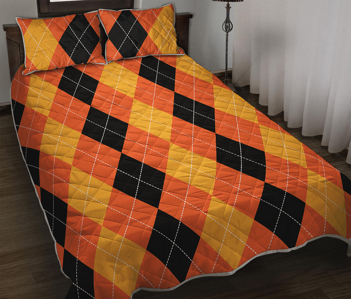 Orange And Black Argyle Pattern Print Quilt Bed Set
