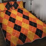 Orange And Black Argyle Pattern Print Quilt Bed Set