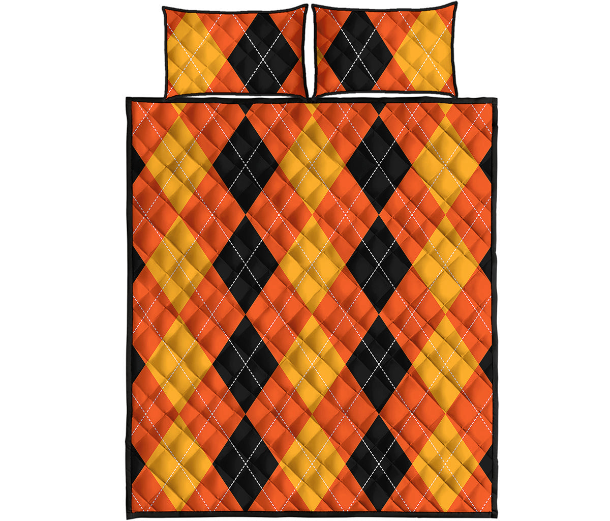 Orange And Black Argyle Pattern Print Quilt Bed Set