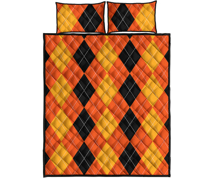 Orange And Black Argyle Pattern Print Quilt Bed Set