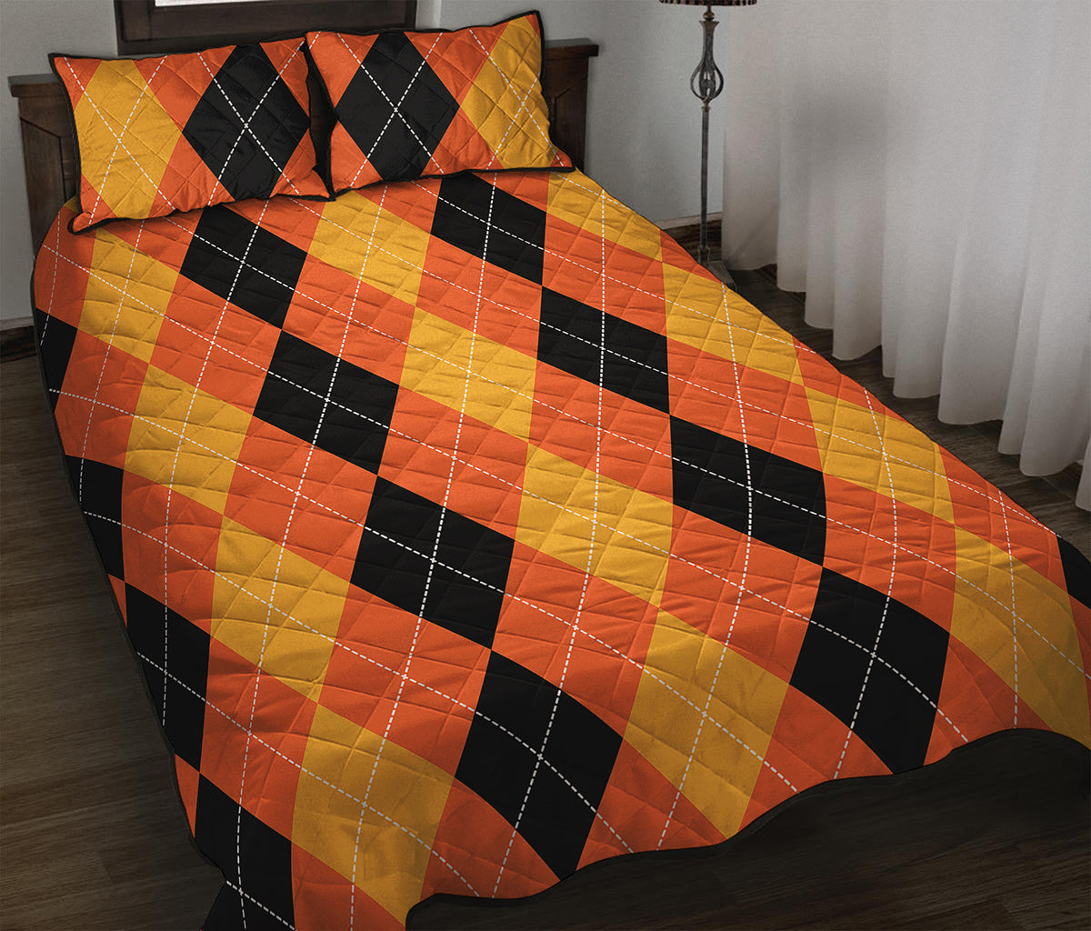 Orange And Black Argyle Pattern Print Quilt Bed Set