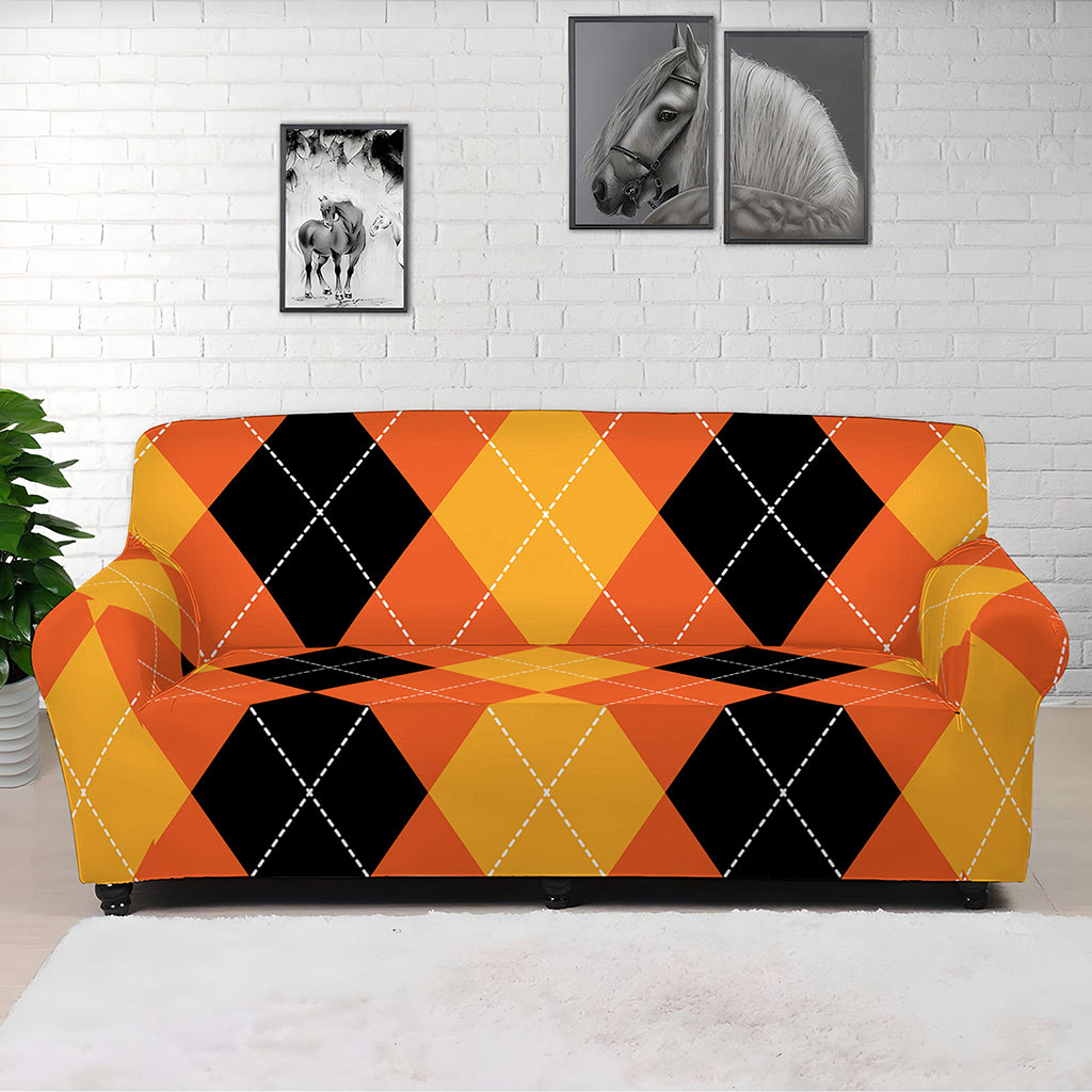 Orange And Black Argyle Pattern Print Sofa Cover