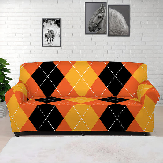 Orange And Black Argyle Pattern Print Sofa Cover