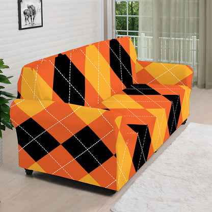 Orange And Black Argyle Pattern Print Sofa Cover