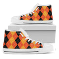 Orange And Black Argyle Pattern Print White High Top Sneakers