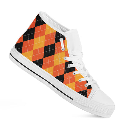 Orange And Black Argyle Pattern Print White High Top Shoes