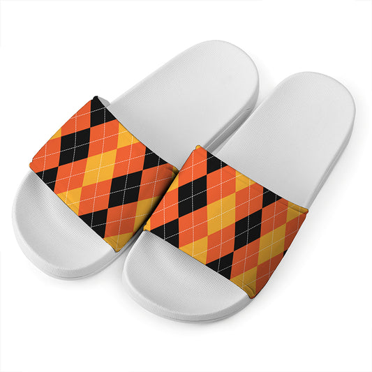 Orange And Black Argyle Pattern Print White Slide Sandals