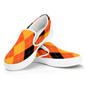 Orange And Black Argyle Pattern Print White Slip On Sneakers