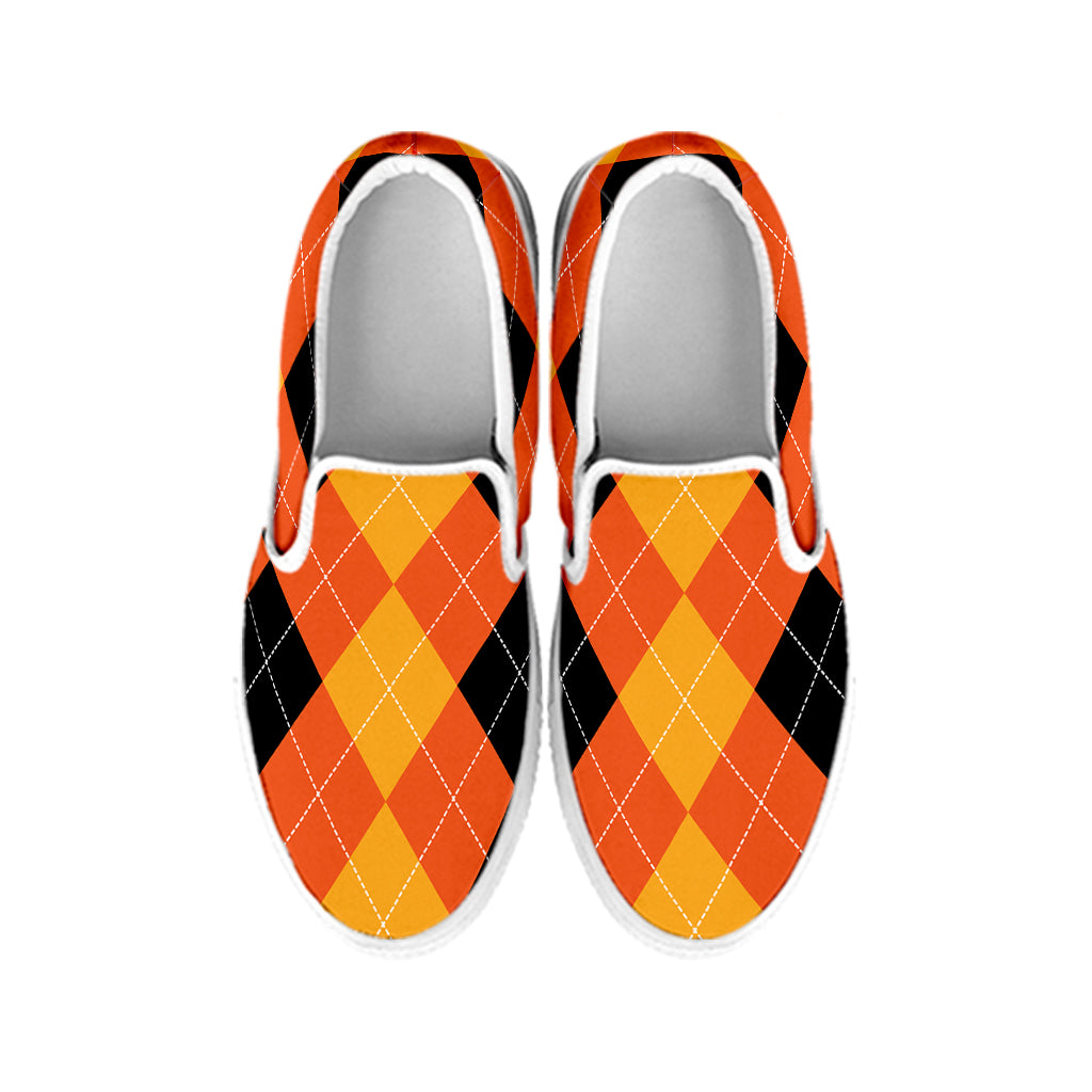 Orange And Black Argyle Pattern Print White Slip On Shoes